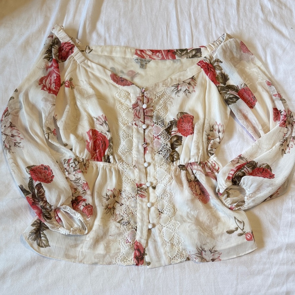 Guess Cream Peasant Blouse with Pink Floral Print